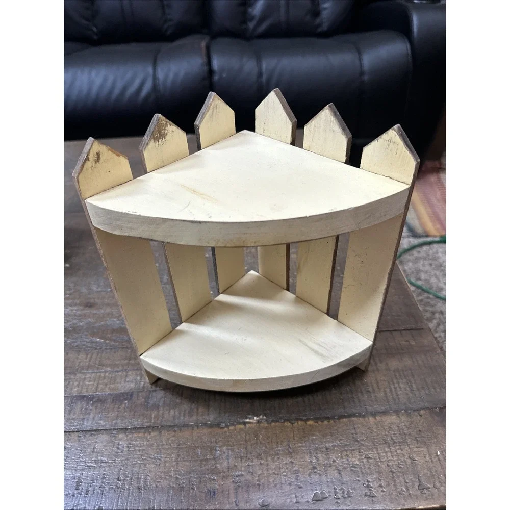 Vintage Wooden Corner Shelf Picket Fence Farmhouse Primitive 2 Tier Rustic Decor
